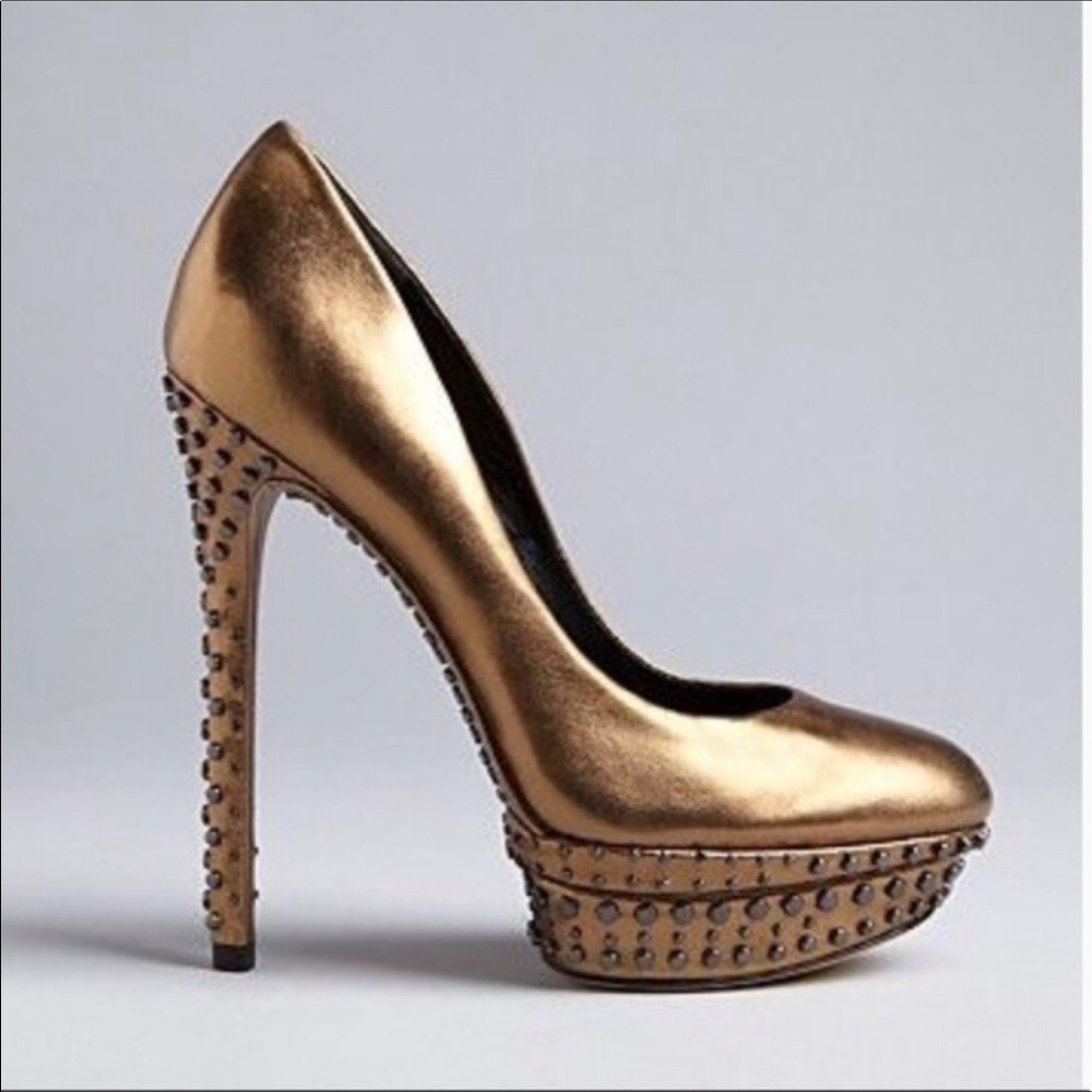 Brian Atwood Gold Metallic Studded Platform Pumps